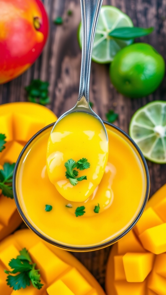 Savory Mango Sauce Recipe A bowl of glossy mango sauce garnished with cilantro, surrounded by fresh mangoes and limes.
